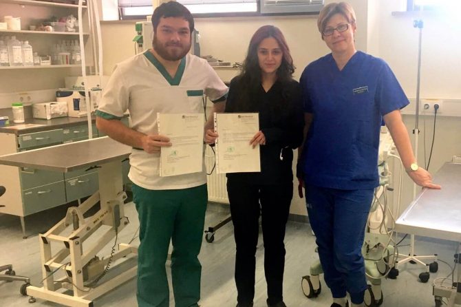 Samvel and Syuzanna with Andzela Lethla (at right), head of the Small Animal Clinic